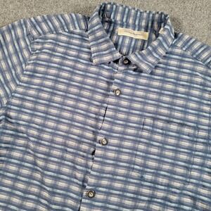 Tommy Bahama Shirt Mens XL Blue Check Silk Cotton Short Sleeve Button Up Casual